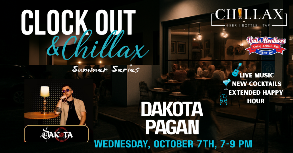 Chillax St. Peters "Clock Out & Chill" Summer Series flyer featuring live acoustic music and extended happy hour on Wednesdays from 3 to 7 PM.